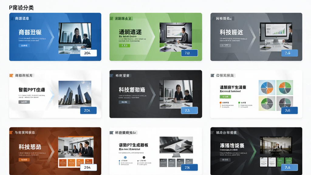 ����PPT������ģ�����棬չʾ��ͬ����PPTģ������ͼ�������������������̡��Ƽ��ҵ���ɫ�����ֲ����������У��������רҵ��ϸ�ڰ���ģ������ǩ��Ԥ����ť�������������ɾ����޶���Ԫ��
