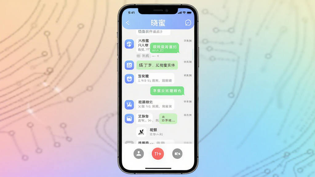 晓蜜软件界面展示,主体为手机屏幕显示聊天列表和视频通话按钮,布局为居中展示手机正视图,排版简洁大方,风格为现代科技感,细节包括圆润的图标和柔和渐变背景,画质高清,干净无多余元素,画面中带有文字“晓蜜”