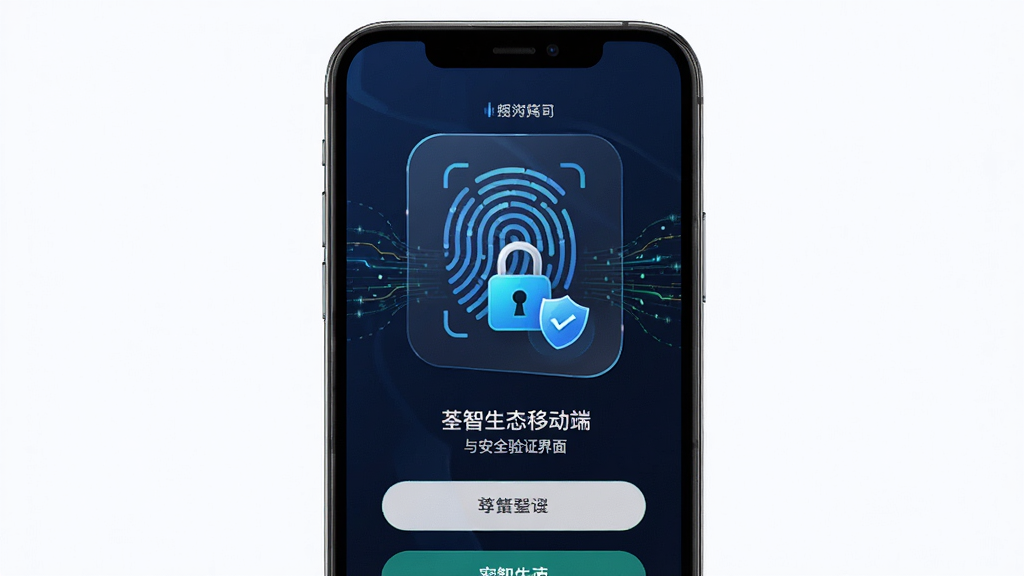 荃智生态移动端登录与安全验证界面,主体为手机屏幕展示指纹识别图标与加密锁标志,布局居中突出安全元素,排版简洁,风格为科技安全风,细节包含数据流线条,画质高清干净无多余元素。