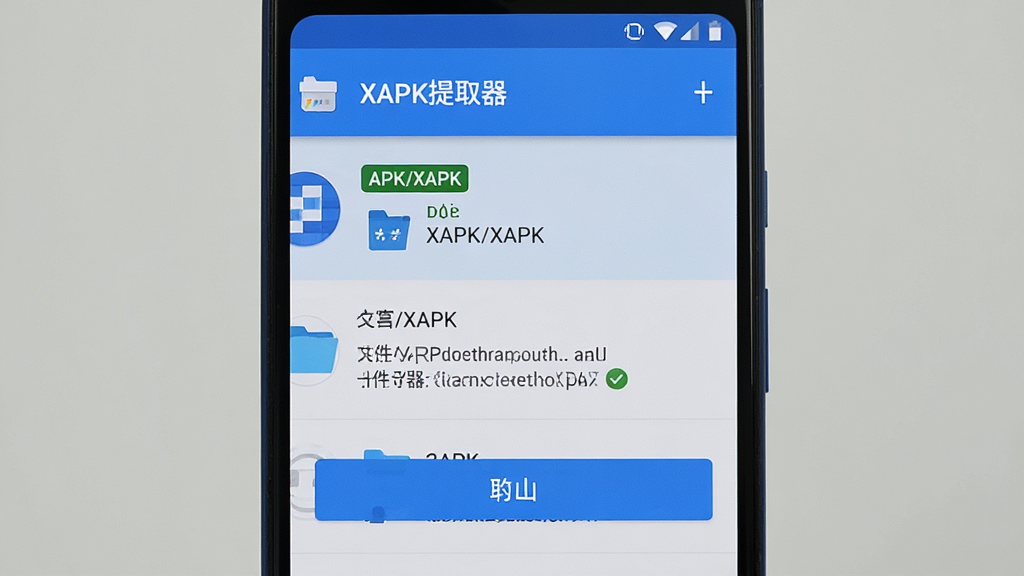 安卓手机屏幕显示“XAPK提取器”应用界面,主体为应用列表和导出按钮,布局为手机正面居中,排版清晰,风格为现代简约科技风,细节包括APK/XAPK标签、文件夹路径文字,画质高清,干净,无多余元素