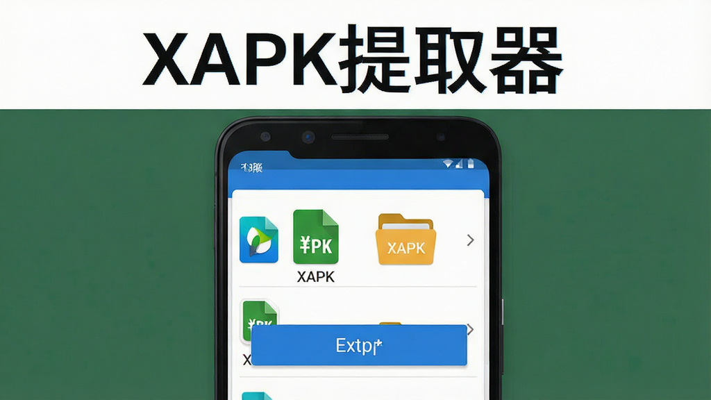 软件名称“XAPK提取器”文字标题,主体为安卓手机屏幕显示应用列表和导出按钮,布局为居中展示手机界面,排版简洁,风格为科技感扁平化,细节包括APK和XAPK文件图标、文件夹图标,画质清晰,干净,无多余元素