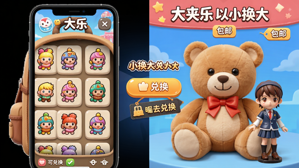 �ֻ���Ļ���沼�֣�չʾ�����APP��С����һ��̳�ҳ�棬��౳�������ж����ɫС����ͼ�꣬�Ҳ�չʾ�ɶһ��Ĵ��̩���ܺ��ְ죬�������⡰����� ��С���󡱣��м��жһ���ť�Ͱ��ʱ�ǩ��������ữ��ͨ��ϸ�����������ʸɾ����޶���Ԫ��