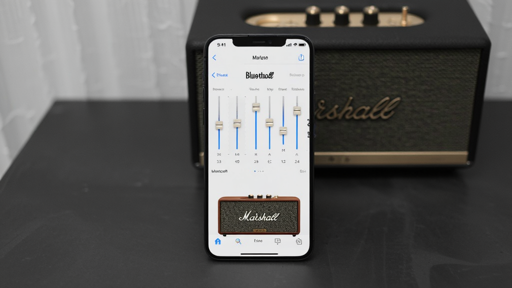 ����Ϊһ�������ֻ���Ļ��ʾMarshall BluetoothӦ�ý��棬����Ϊ�ֻ����з��ã����������ɫ�����һ̨Marshall���䣬�Ű��࣬���Ϊ�ִ��Ƽ��У�ϸ�ڰ���Ӧ���ڵľ��������������ͼ�������������ɾ��޶���Ԫ��