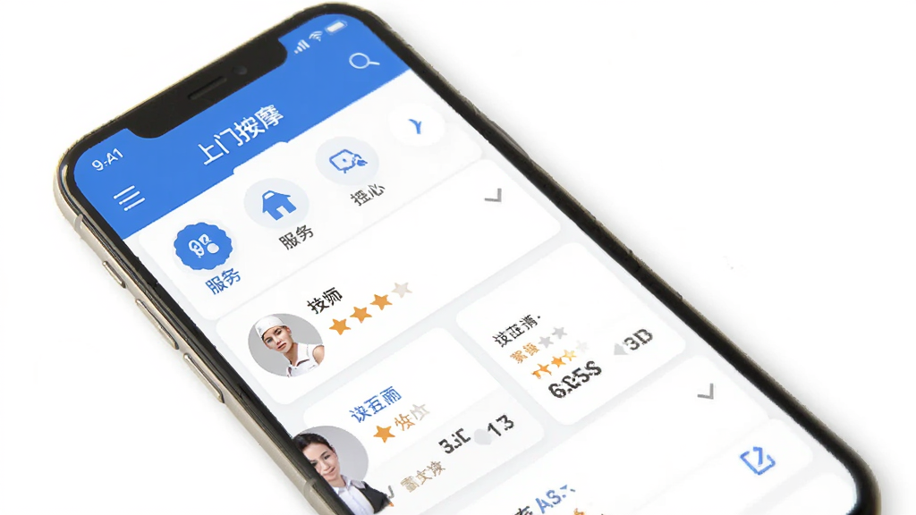 ��Ͱ�APP����չʾ���ֻ���Ļ����ʾ���Ű�Ħ�����б��ͼ�ʦѡ��ҳ�棬�����������ͼ�ꡢ��ʦͷ���������Ϣ�����岼��������������ɫ�Ͱ�ɫΪ��ɫ������ƽ����Ʒ�񣬽���ɾ����࣬���廭�ʣ��޶���Ԫ��
