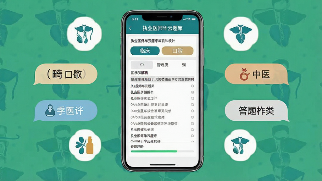 执业医师华云题库软件界面展示,主体为手机屏幕中显示医学考试题目与解析,布局为中央手机居中、周围环绕医学图标与题库分类标签,排版简洁清晰,风格为扁平化教育类App设计,细节包含“执业医师华云题库”文字标识、临床/口腔/中医分类按钮、答题进度条,画质高清干净无多余元素