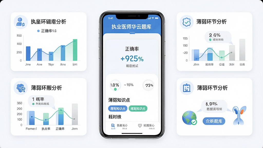 执业医师华云题库模拟考试功能展示,主体为手机屏幕显示模拟考试答题报告,布局为中央手机展示报告页面、周围环绕正确率图表与薄弱环节分析图标,排版对称整齐,风格为现代简约教育类设计,细节包含“执业医师华云题库”名称、正确率百分比、耗时统计、薄弱知识点标签,画质高清干净无多余元素