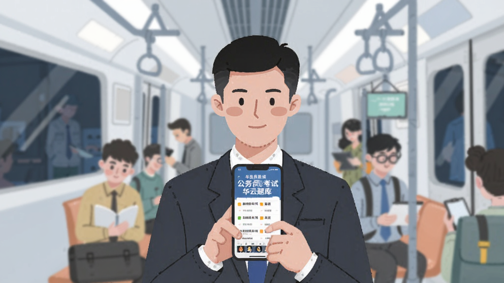 公务员考试华云题库 手机端备考场景插画 主体为上班族在地铁上用手机刷题 布局人物居中 排版自然 风格扁平化插画 细节包含手机屏幕显示题库界面和
