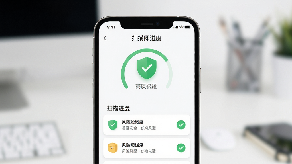 手机管理助手安全检测界面,主体为手机屏幕显示扫描进度与风险项列表,布局居中,排版整齐,风格为清新简约风,细节包含绿色安全盾牌与勾选图标,画质高清,干净,无多余元素