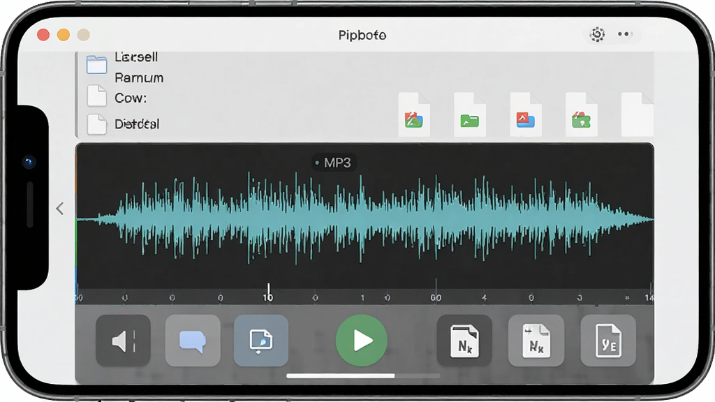 MP3提取转换器软件界面截图,主体为手机屏幕展示音频波形编辑页面,布局上方是文件列表下方是功能按钮,排版整齐清晰,风格为现代简约科技风,细节包含波形图、播放按钮、格式图标,画质高清干净无多余元素