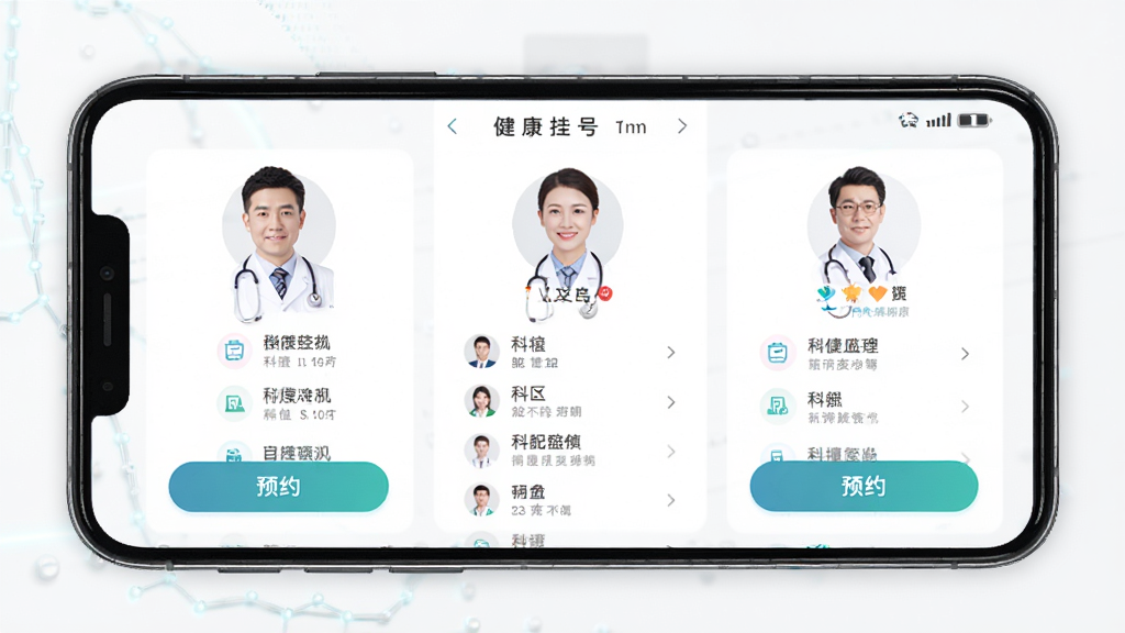 ��������APP����չʾ������Ϊ�ֻ���Ļ��ʾԤԼ�Һ�ҳ�棬����Ϊ����ʽ����ģ�飬�Ű������������Ϊ�ִ�ҽ�ƿƼ��磬ϸ�ڰ���ҽ��ͷ�񡢿����б���ԤԼ��ť�����ʸ��壬�ɾ��޶���Ԫ��