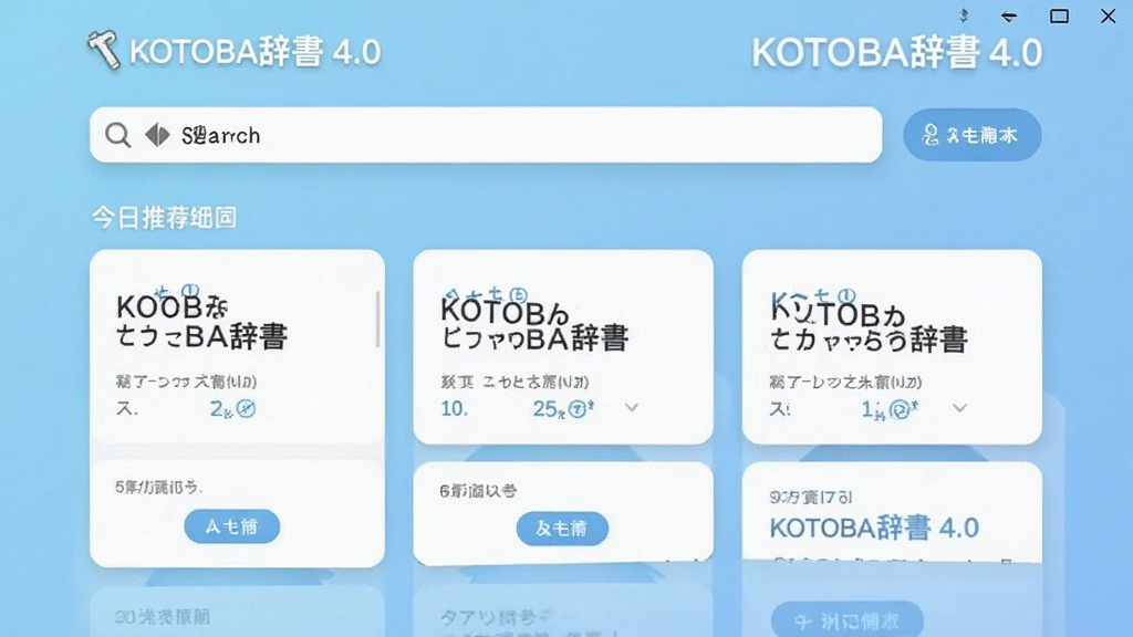 KOTOBA辞 4.0版本主界面截图,展示搜索框和今日推荐单词卡片,背景为浅蓝色渐变,界面简洁清爽,文字清晰可读,整体风格现代简约,画质高清,无多余元素