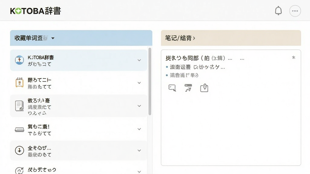 KOTOBA辞 词库管理页面截图,展示收藏单词列表和笔记编辑框,界面布局清晰,配色柔和,文字内容为日语单词和中文释义,画质高清,干净无多余元素