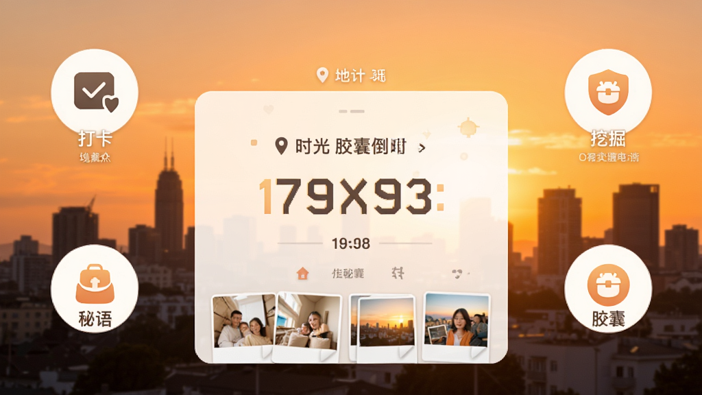 �˵�ʱ��APP������չʾ������������ʱ�⽺�ҷ�浹��ʱ��Ƭ������Ϊ��ůϦ���µĳ��м�Ӱ�����ܻ��ƴ򿨡�����ھ򡢽����ĸ�����ͼ�꣬�Ű��������������ܰ������ϸ�ڰ����ص��������Ƭ����ͼ�����ʸ���ɾ��޶���Ԫ��