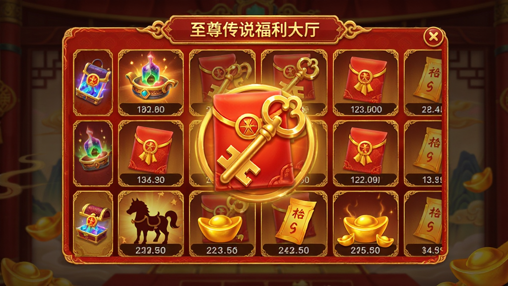 至尊传说福利大厅界面,主体为红包与宝藏钥匙图标,布局为居中弹窗展示,排版为网格状奖励列表,风格为喜庆红金配色,细节包括传送神器、坐骑剪影和元宝灵符数量,画质高清,干净,无多余元素