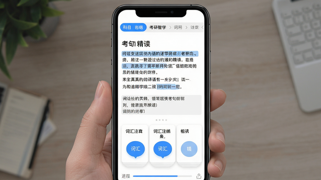������ѧApp����չʾ������Ϊ�ֻ���Ļ����ʾӢ��������侫��ҳ�棬����Ϊ�Ϸ���Ŀ���������м���������뷭����ա��·��ʻ�ע�Ϳ�Ƭ���Ű��������࣬���Ϊ�ִ�������Ӧ��UI��ϸ�ڰ�����ɫ������ǡ�Բ�δʻ㰴ť�������������ʸ��壬�ɾ����޶���Ԫ��