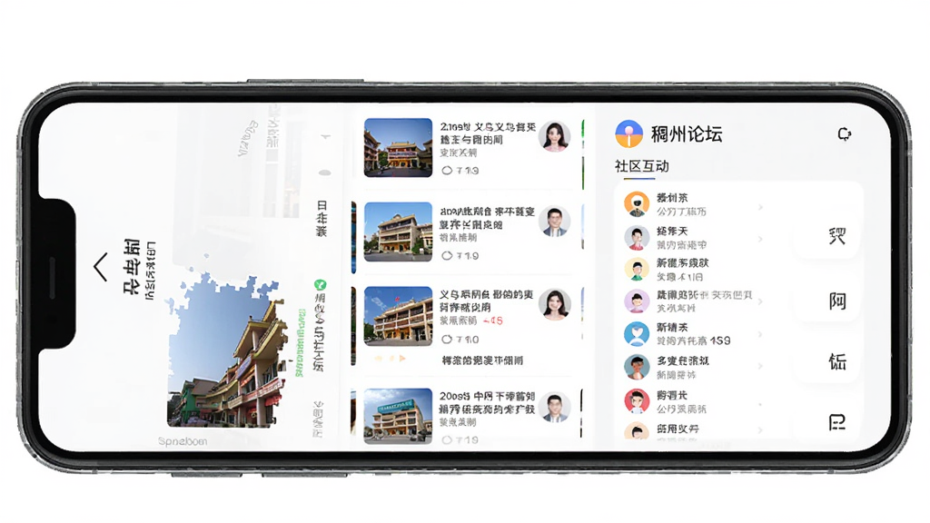 稠州论坛App主界面展示,手机屏幕中显示义乌本地新闻资讯列表和社区互动版块,主体为一部智能手机,布局居中,排版清晰,风格现代简约,细节包括新闻缩略图和用户头像,画质清晰,干净,无多余元素