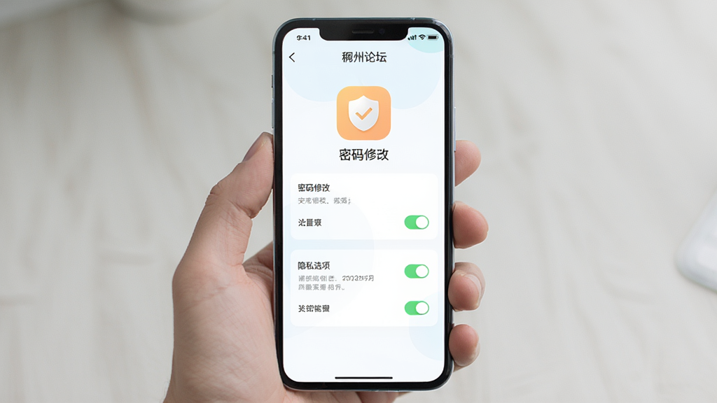 稠州论坛App账号安全设置界面,手机屏幕显示密码修改和隐私选项,主体为手持智能手机,布局居中,排版整洁,风格清新浅色,细节包括安全图标和设置开关,画质清晰,干净,无多余元素