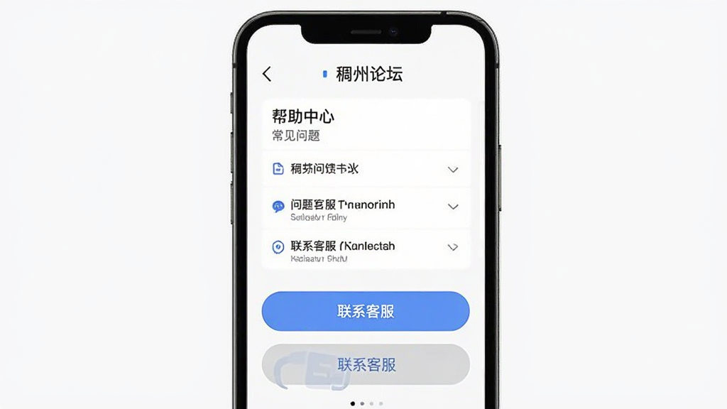 稠州论坛App问题反馈与客服页面,手机屏幕显示帮助中心和联系客服按钮,主体为智能手机,布局居中,排版简洁,风格素雅极简,细节包括常见问题列表和在线客服图标,画质清晰,干净,无多余元素