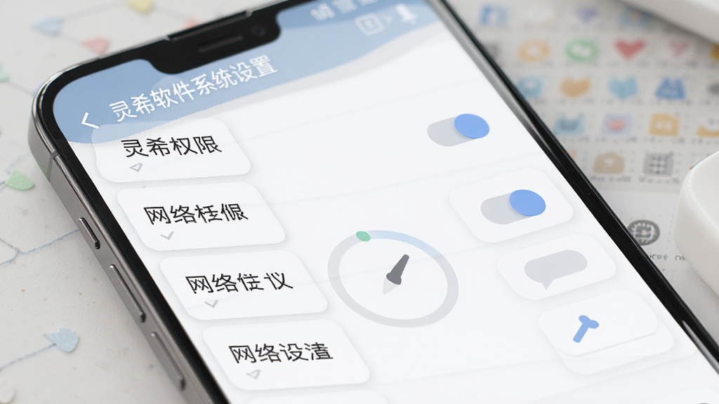 灵希软件系统设置页面,主体为手机屏幕显示权限管理和网络设置,布局为列表式,排版清晰,风格素雅极简,细节包含开关按钮和文字标签,画质高清,干净,无多余元素