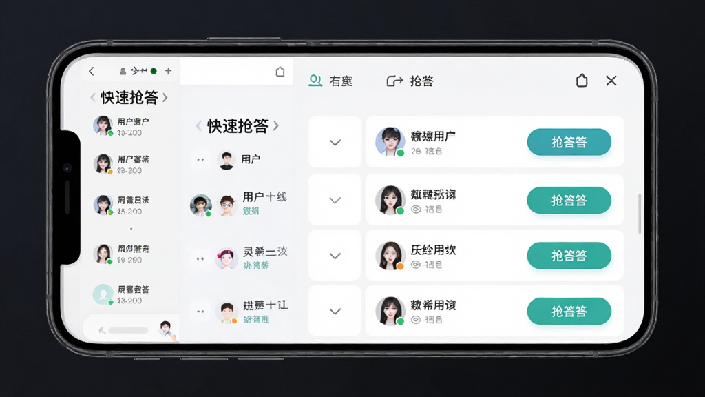 灵希软件界面展示,主体为手机屏幕显示快速抢答列表,布局清晰,排版整齐,风格简约现代,细节包含在线用户头像和抢答按钮,画质高清,干净,无多余元素