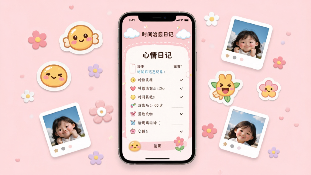 ʱ�������ռ�Ӧ�ý���չʾ������Ϊ�ֻ���Ļ����ʾ�ɰ������ռǼ�¼ҳ�棬����Ϊ�����ֻ���������ΧƯ��������ֽ��ʵ����Ƭͼ�꣬�Ű������������Ϊ��������ϵ��ͨ���ϸ�ڰ�����ɫ�������ƶ�װ�Ρ�С��Ԫ�أ����ʸ���ɾ��޶���Ԫ��