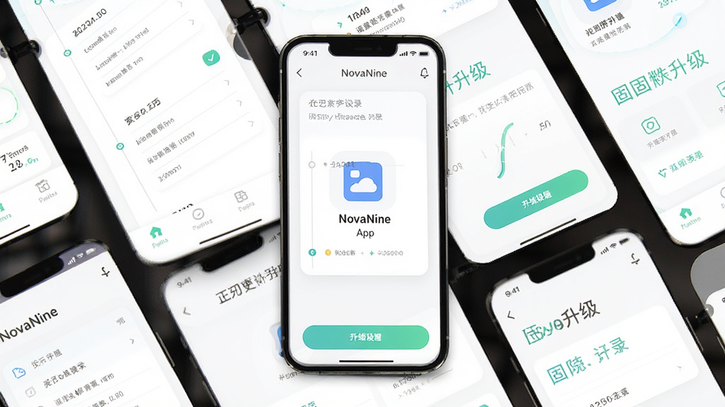 NovaNine App操作界面,主体为手机屏幕展示历史清洁记录与固件升级页面,布局为多屏排列,排版清晰,风格简约清新,细节包含时间轴与升级按钮,画质高清,干净,无多余元素