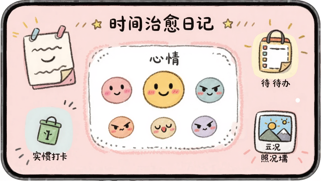ʱ�������ռ�Ӧ�������棬�ɰ��ֻ����м����������ѡ��������Χ���Ʊ�ǩ�����졢ϰ�ߴ򿨡�ʵ����Ƭ�ȹ���ͼ�꣬����ɫ�������ɾ���ˬ�����廭��