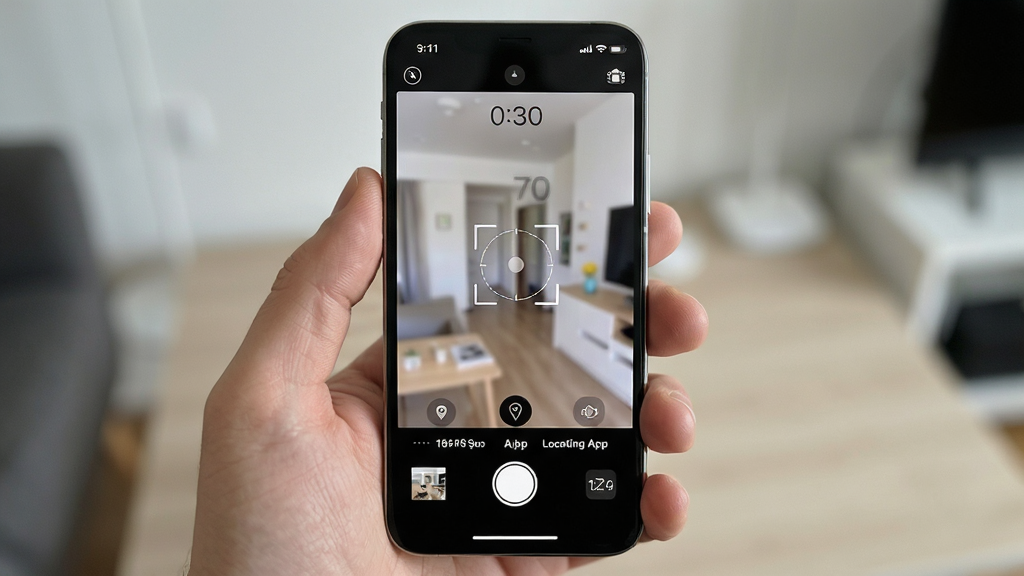 模拟定位神器App拍摄界面,画面中显示时间地点水印,手机屏幕布局简洁,风格写实,细节清晰,画质干净,无多余元素