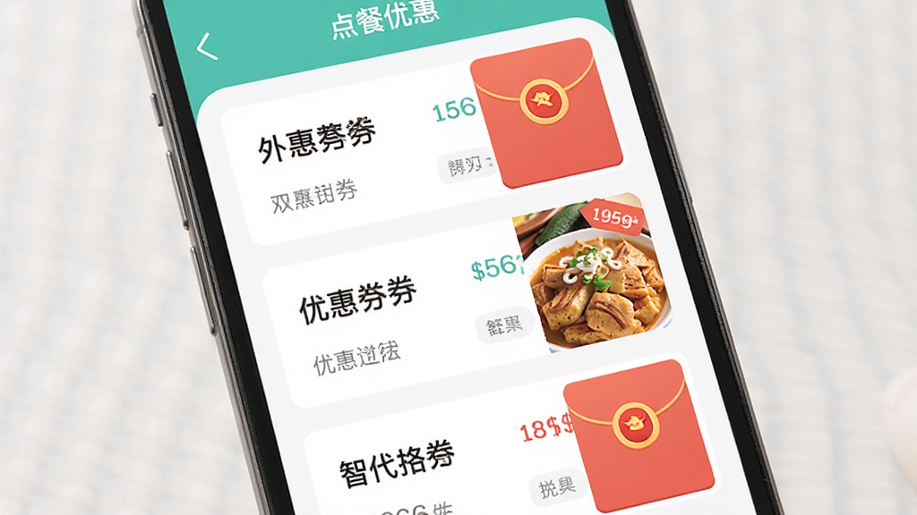 �ֻ���Ļչʾ��������Żݶ�APP���棬����Ϊ�Ż�ȯ�б��ͺ��ͼ�꣬�����������Ű��࣬����ִ���ƽ����ϸ�ڰ�����ʳͼƬ���ۿ۱�ǩ�����ʸ��壬�ɾ����޶���Ԫ��