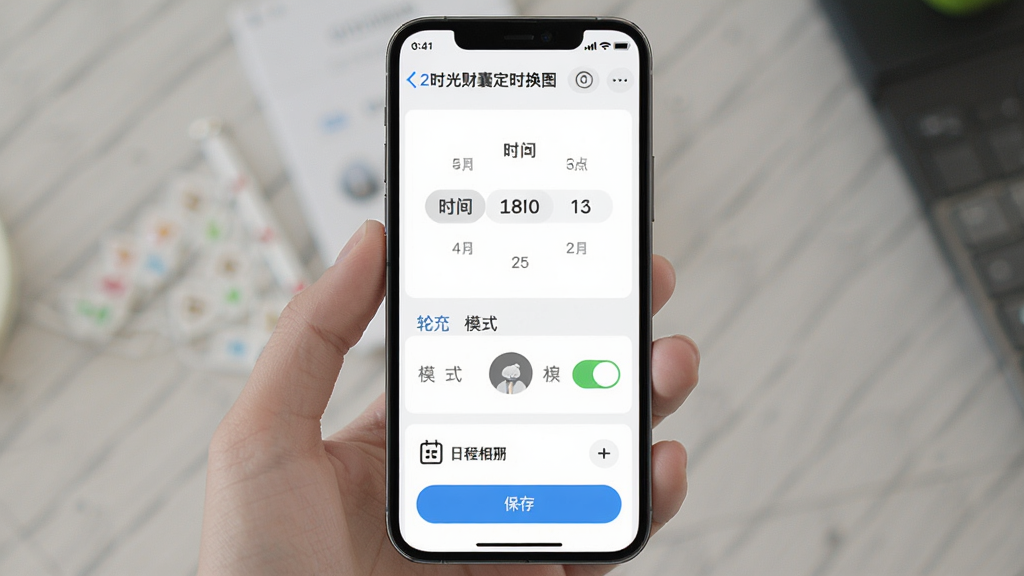 ʱ����Ҷ�ʱ��ͼ���ý��棬����Ϊ�ֻ���Ļ��ʾʱ����ѡ�������ֲ�ģʽ���أ������������У��Ű���������������ã�ϸ�ڰ����ճ��������뱣�水ť�����ʸɾ��޶���Ԫ��