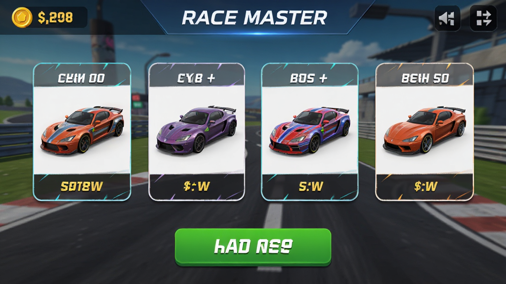 Race Master ��Ϸ�������ͼ������Ϊ����ѡ����棬����Ϊ���½ṹ���Ű����������Ϊ�ִ���������UI��ϸ�ڰ������������������Ƭ����ʼ������ť�����ʸɾ������޶���Ԫ��