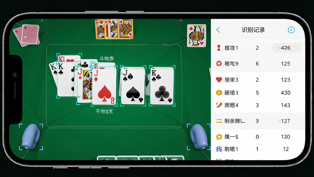 一款手机屏幕显示扑克牌文字识别界面的应用场景图,主体为手机屏幕中显示斗地主牌局与识别记录面板,布局为居中横向构图,排版左侧展示扑克牌面右侧展示统计列表,风格为科技简洁风,细节包含清晰的牌面文字、识别框线条、剩余牌型数字统计,画质高清、干净、无多余元素