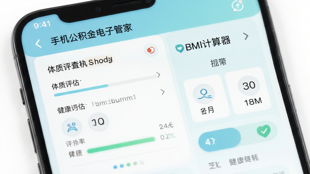 手机公积金电子管家健康辅助模块界面,主体为手机屏幕内展示体质评估问卷与BMI计算器,布局分栏排版,风格清新浅色,细节包含进度条与健康图标,画质干净无多余元素