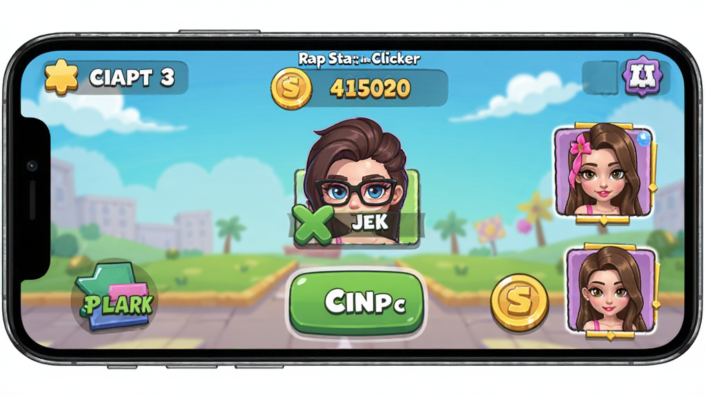 �ֻ���Ļ��ʾRap Star:Idle Clicker��Ϸ���棬���������ť��������֡�����ѡ���Ů��ͷ�񣬿�ͨ���ɫ�������������������ɾ��޶���Ԫ��