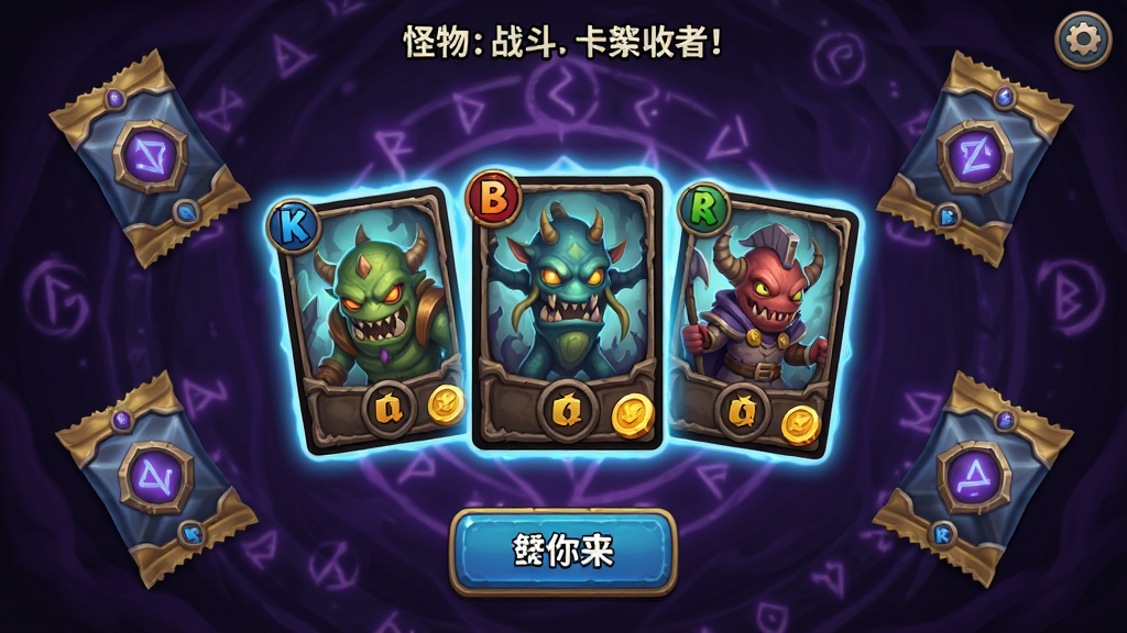 怪物收集者:卡牌战斗 游戏主界面,中央摆放多张怪物卡牌,周围散落未开启卡包,背景为暗紫色魔法风格,主体突出卡牌与开包按钮,布局居中对称,排版清晰,风格为卡通奇幻,细节包含金币图标与稀有度光效,画质高清,干净,无多余元素