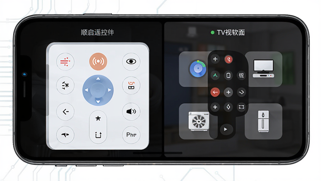 顺启遥控器软件功能界面展示,主体为一部智能手机,屏幕显示空调遥控面板和电视遥控面板分屏布局,排版清晰,风格简约科技感,细节包括红外信号图标和家电图标,画质清晰干净,无多余元素