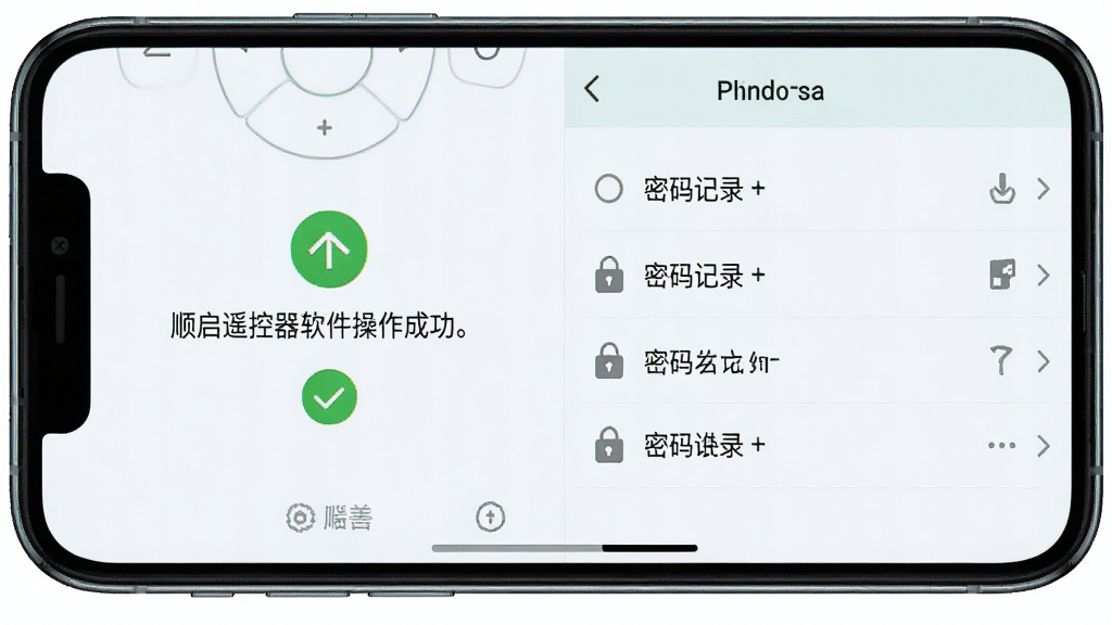 顺启遥控器软件操作界面截图,主体为手机屏幕展示遥控匹配成功提示和密码记录列表,布局为上下分栏,排版整洁,风格清新浅色,细节包括绿色对勾图标和锁形图标,画质清晰干净,无多余元素