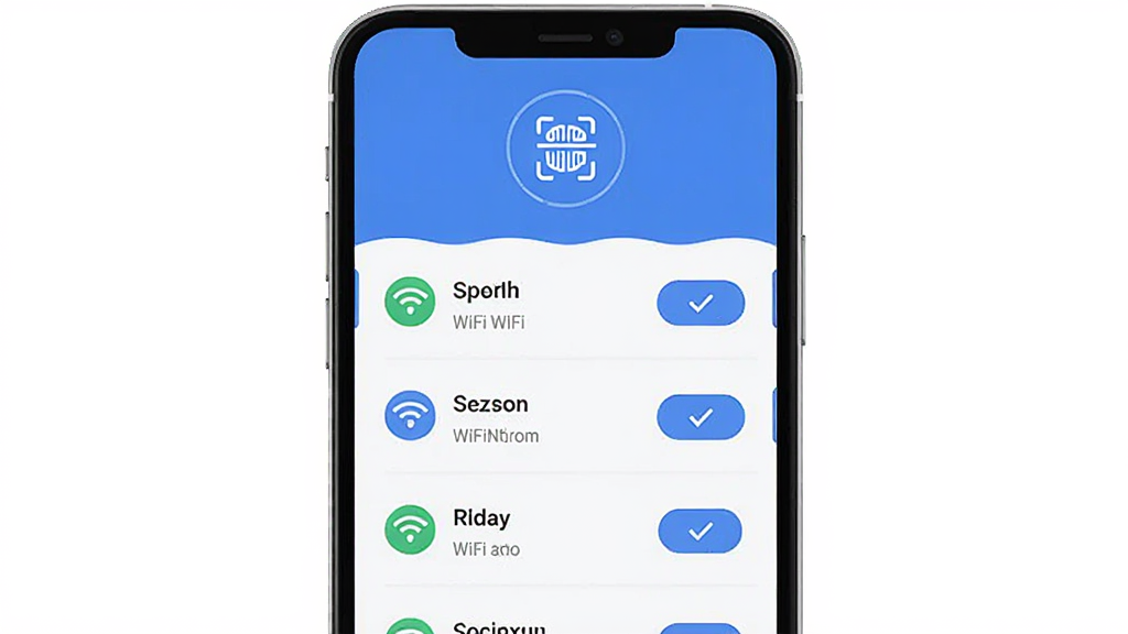 WiFiԿ������������������չʾ������Ϊ�ֻ���Ļ������ʾ����WiFi�����б��������Ϸ�Ϊɨ�谴ť�·�Ϊ�����б����Ű������򣬷��Ϊ�ִ��Ƽ��б�ƽ����ƣ�ϸ�ڰ����ź�ǿ��ͼ������Ӱ�ť�����ʸ���ɾ��޶���Ԫ��
