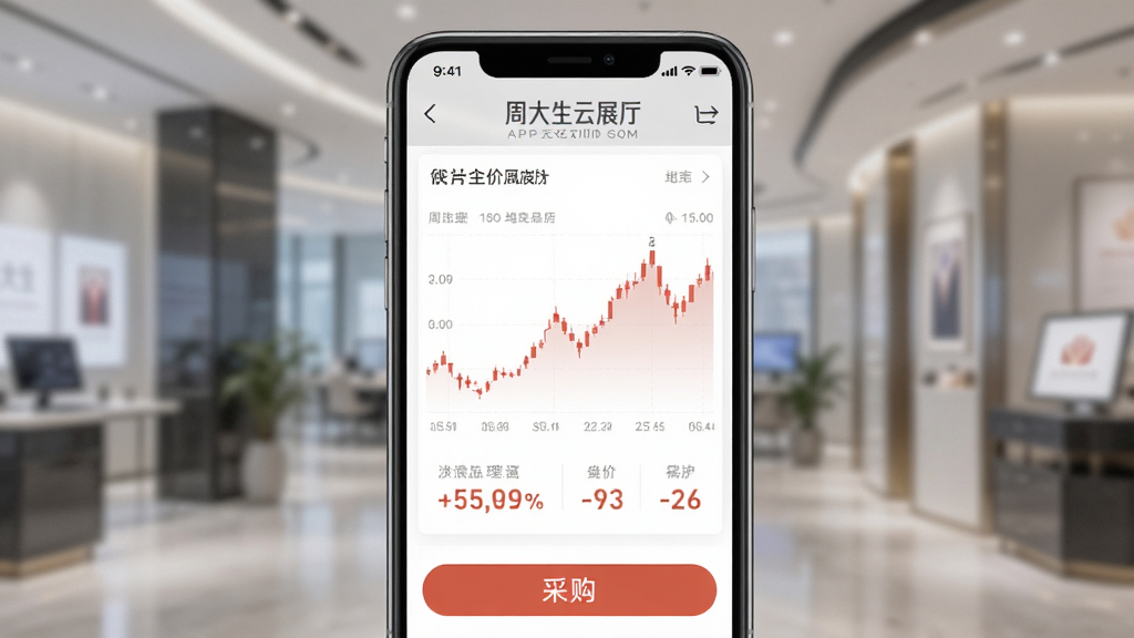 手机屏幕显示周大生云展厅APP金价行情页面,上方有“周大生云展厅”文字标识,中间是金价曲线图与数字,下方有采购按钮,主体突出手机与界面,布局居中,排版简洁,风格现代商务,细节清晰,画质干净,无多余元素