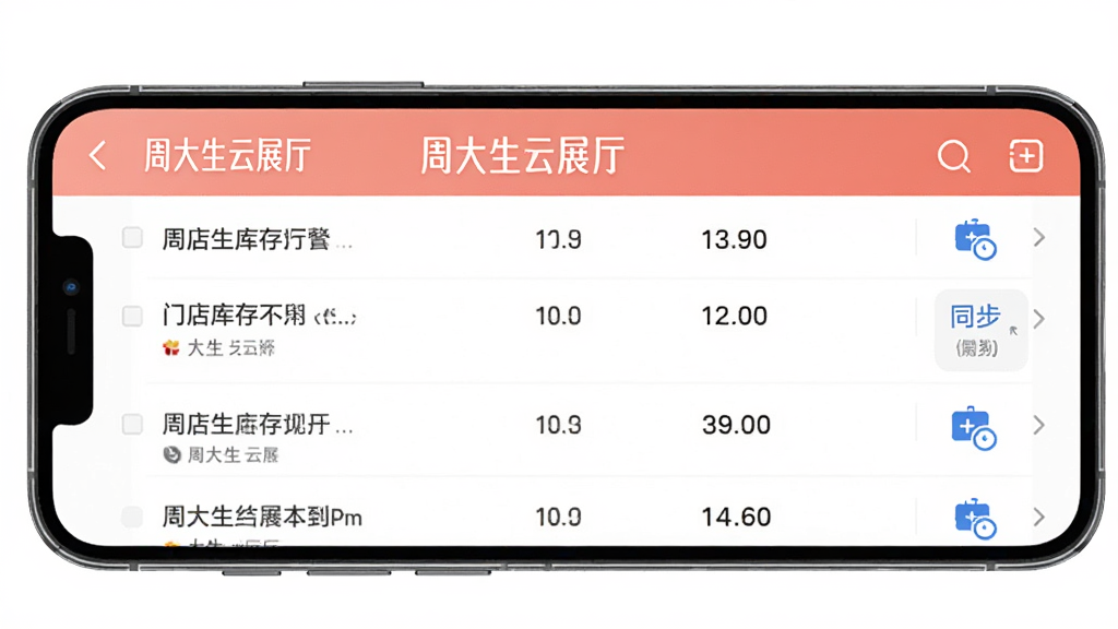 周大生云展厅APP库存管理界面,屏幕中显示“周大生云展厅”字样,列表展示不同门店库存数量,有同步图标,主体为手机与界面,布局上下结构,排版整齐,风格清爽简约,细节清晰,画质干净,无多余元素