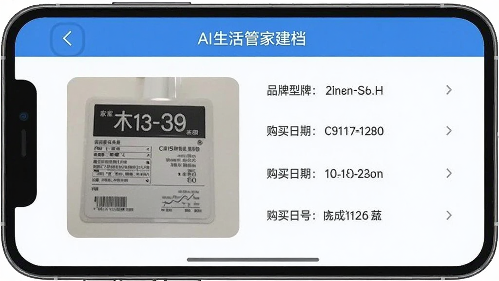 �ֻ���Ļ��ʾAI����ܼҽ���ҳ�棬����Ǽҵ�������Ƭ���Ҳ��Զ����Ʒ���ͺŹ������ڵ���Ϣ������ɾ����࣬��ɫ��ɫ������ƽ����ƣ������������޶���Ԫ��