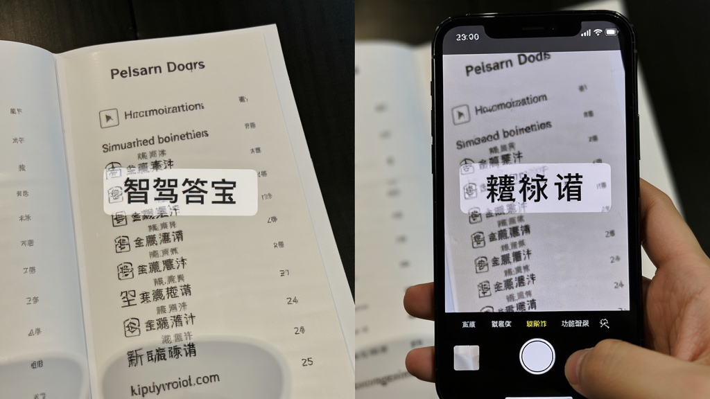 智驾答题宝拍照翻译功能展示,手机镜头对准英文菜单,屏幕上实时显示中文翻译,主体为手机与菜单,布局左右对比,风格简约现代,细节有翻译高亮框,画质清晰,干净,无多余元素