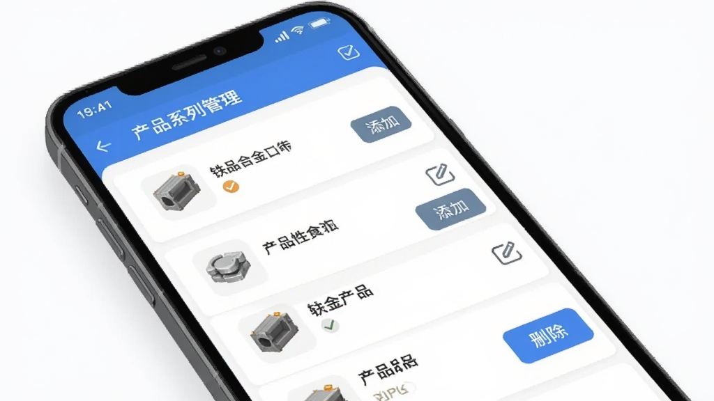 ���Ͻ�����APP���Ի����ƹ���չʾͼ������Ϊ�ֻ������в�Ʒϵ�й���ҳ�棬����Ϊ�б�ʽ��Ʒѡ��������ɾ����ť���Ű���ֱ�ۣ����Ϊ��ƽ����ƣ�ϸ�ڰ�����ѡ״̬����Ʒ���ơ��༭ͼ�꣬�����������ɾ����޶���Ԫ��