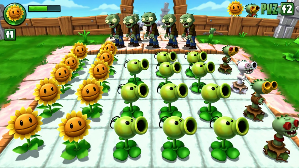 PVZ FirstPerson ��Ϸ�����棬��һ�˳��ӽǸ��ֲ�������أ����տ����㶹�����������룬Զ����ʬȺ���ڱƽ�����������ɫ�����ޣ��ֻ���Ϸ��ͼ��񣬸��廭�ʣ��ɾ��޶���Ԫ��