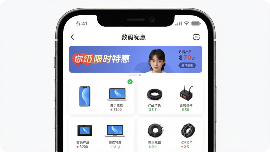 ��������App��ҳչʾ�����Ʒ��������ʱ�ػݺ��������Ϊ�ֻ���Ļ���棬���־��У��Ű�����������ִ���࣬ϸ�ڰ����ֻ������ԡ����ͼ�꣬���ʸ��壬�ɾ����޶���Ԫ��
