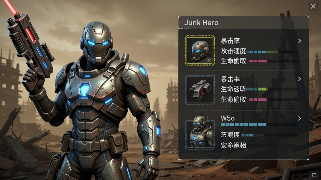 Junk Hero ��Ϸ��ɫװ�����棬�����ʾ��ɫ���Ÿ߿Ƽ�ս���ֳּ���ǹ���Ҳ���ʾװ��������壬���������ʹ����ٶ�����͵ȡ�ȴ������ƻ÷������UI������������ʾ�ϸ���ɾ����޶���Ԫ��
