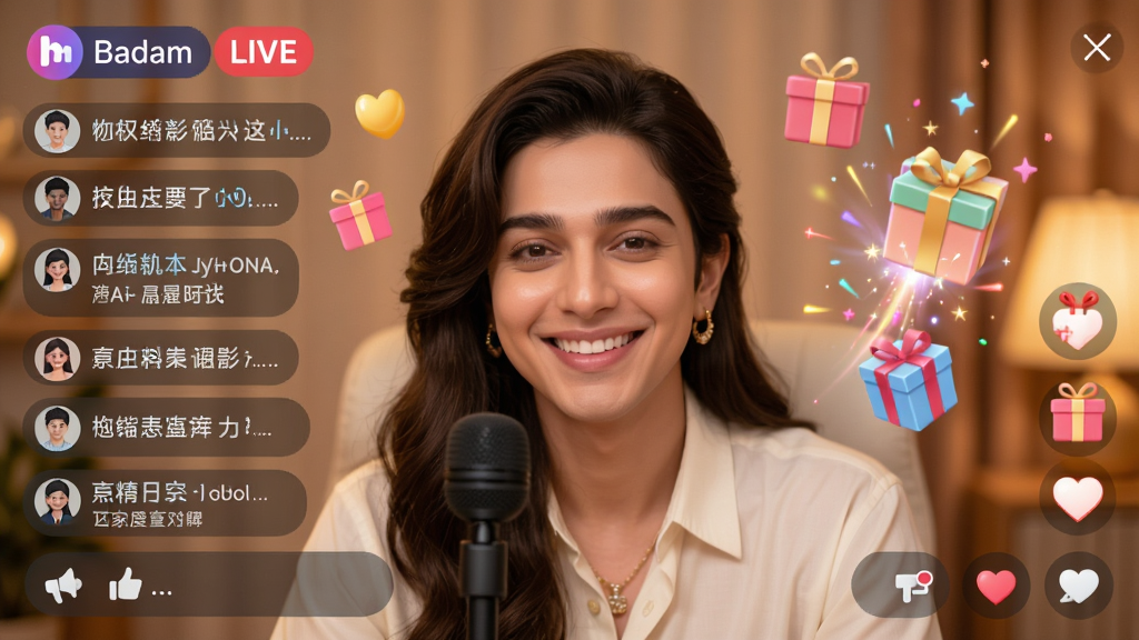 Badam Live����ֱ����������������Ϊ������ֱ�������˿�����Ļ��棬����Ϊ������У���Χ���Ƶ�Ļ������ͼ�꣬�����ܰ���֣�ϸ�ڰ�������΢Ц����˿���ԡ���ɫ������Ч�����ʸ��壬�ɾ����޶���Ԫ��