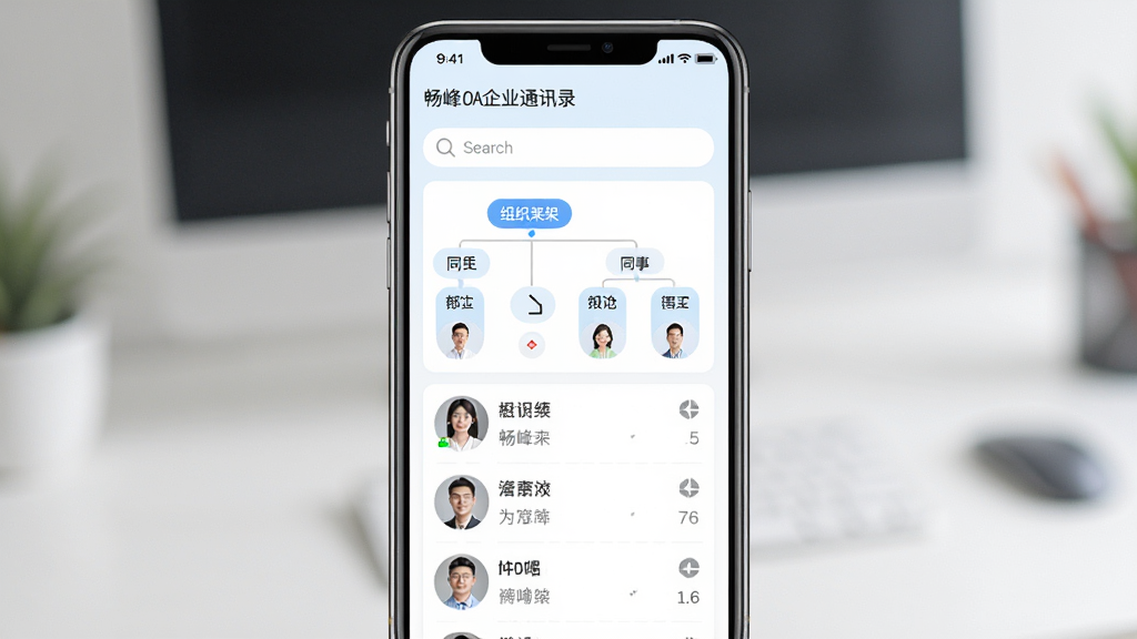 ����OA��ҵͨѶ¼���棬�ֻ���Ļչʾ������֯�ܹ���ͬ���б�������Ϊһ�������ֻ������־��У��Ű����࣬�������ǳɫ��ϸ�ڰ������������ϵ��ͷ�񣬻��ʸ��壬�ɾ����޶���Ԫ��