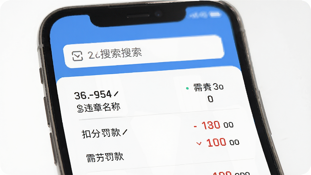 交通违章车辆指南软件界面截图,主体为手机屏幕显示违章代码查询结果页面,布局上方为搜索框下方为违章名称扣分罚款信息,排版简洁清晰,风格为现代扁平化设计,细节包含数字代码和中文说明,画质高清干净无多余元素