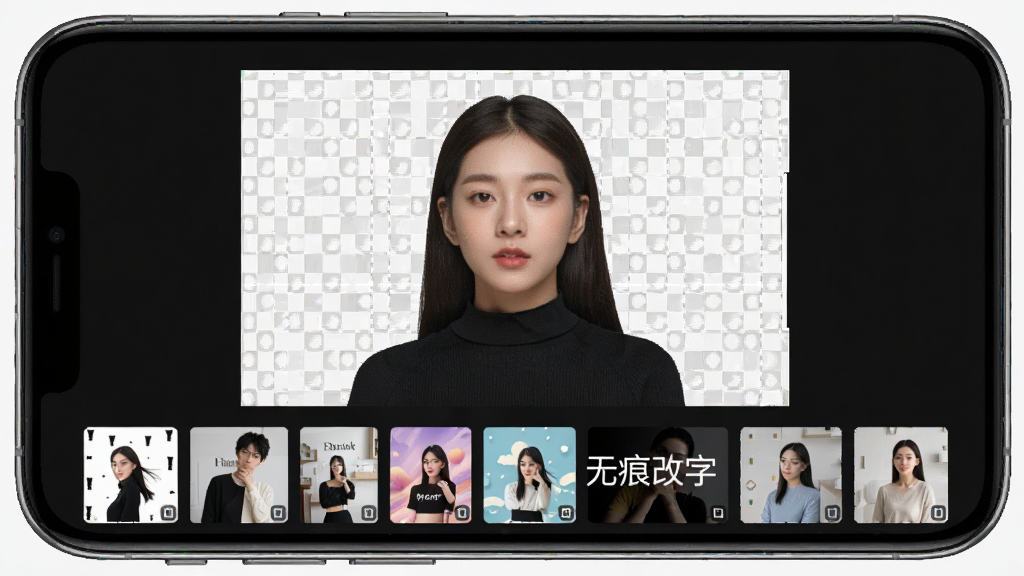 手机屏幕展示p图修图无痕改字软件抠图换背景功能,画面中人物主体被精准分离,背景为透明网格,下方有多个背景模板缩略图,布局对称,现代简约风格,细节清晰,高清画质,画面干净无多余元素